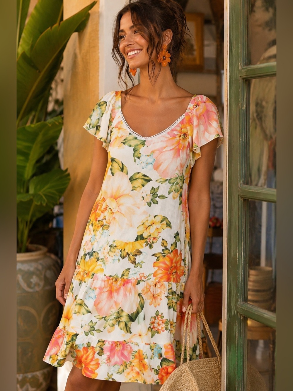 Farm Rio Anthropologie Womens Culebra Dress Sz Small Yellow Tropical Floral Boho